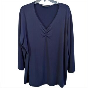 Susan Graver Liquid Knit V-Neck Top 2X 22W 24W Navy Blue 3/4 Sleeve Blouse Shirt
